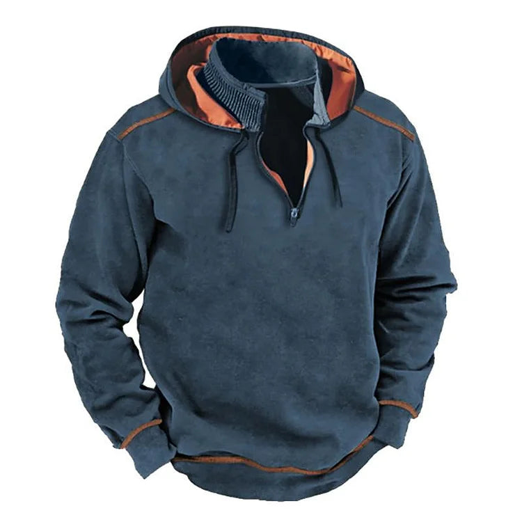 Men's gray relaxed fit half-zip hoodie sweatshirt with ribbed collar cotton blend casual wear