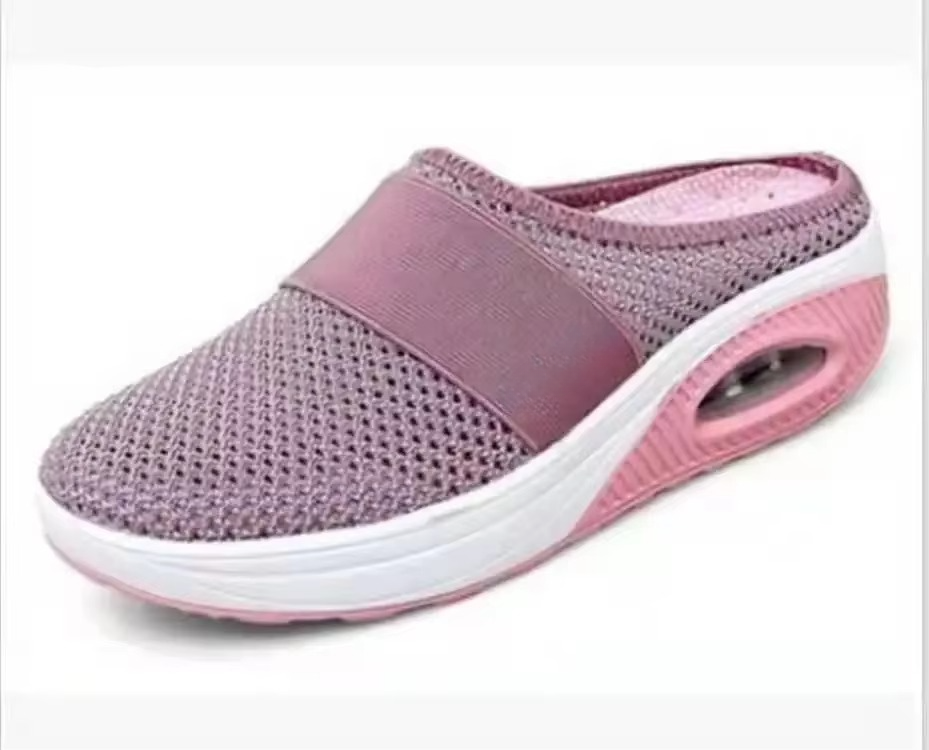 Women's gray mesh slip-on platform mules with comfort air cushion sole, lightweight walking shoes