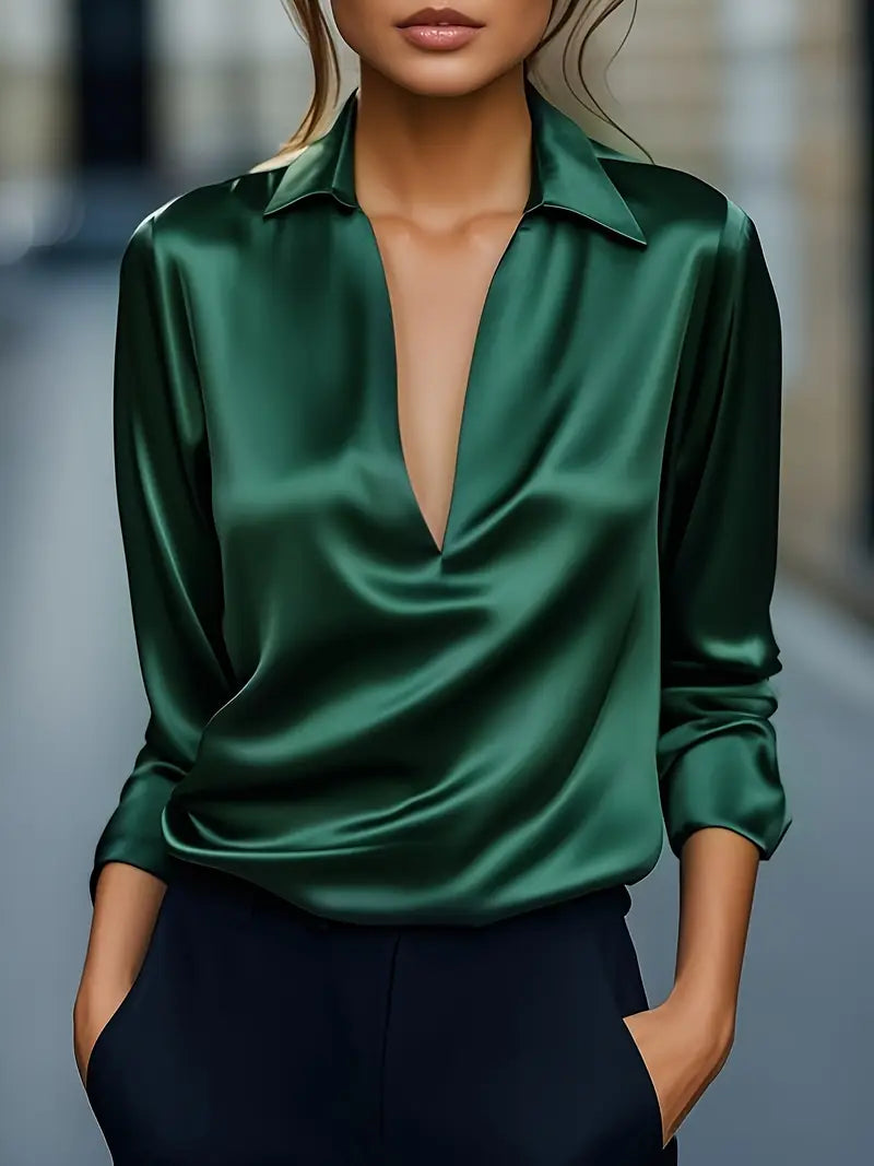 Premium satin V-neck blouse with elegant drape and confidence-enhancing slimming neckline
