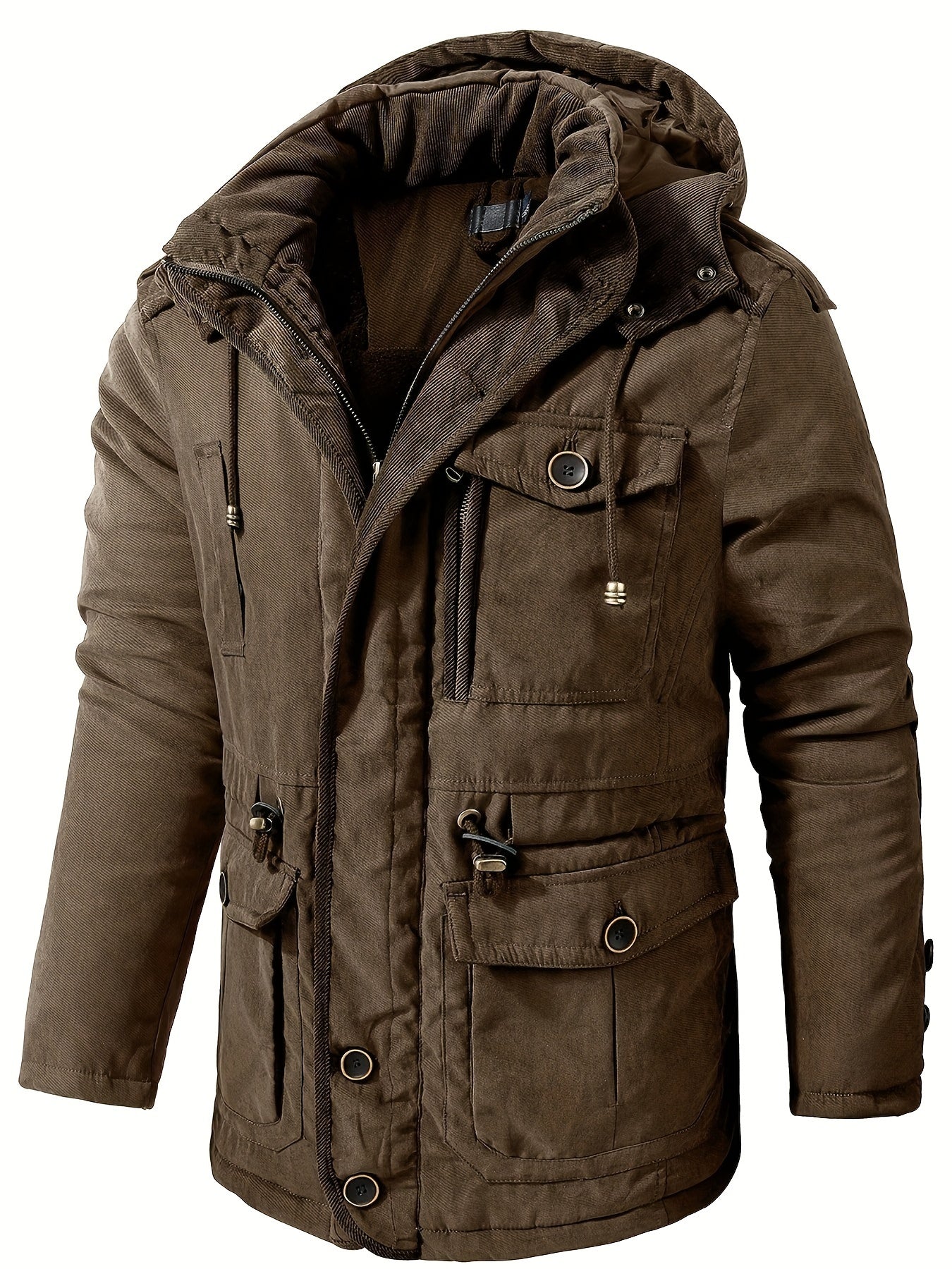 Men's insulated hooded utility jacket with thick padding, multiple pockets, and adjustable drawcord hood
