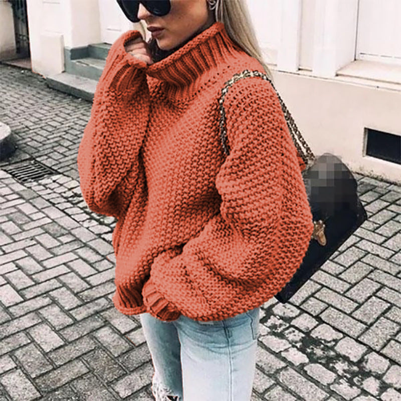 Women's chunky knit turtleneck sweater oversized relaxed fit with thick textured stitches for winter warmth