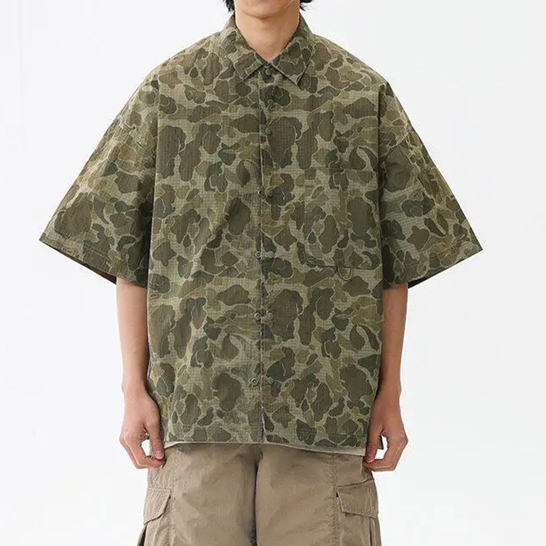 EchoTrek Recon camouflage shirt, water-resistant loose fit with camp collar and drop shoulders