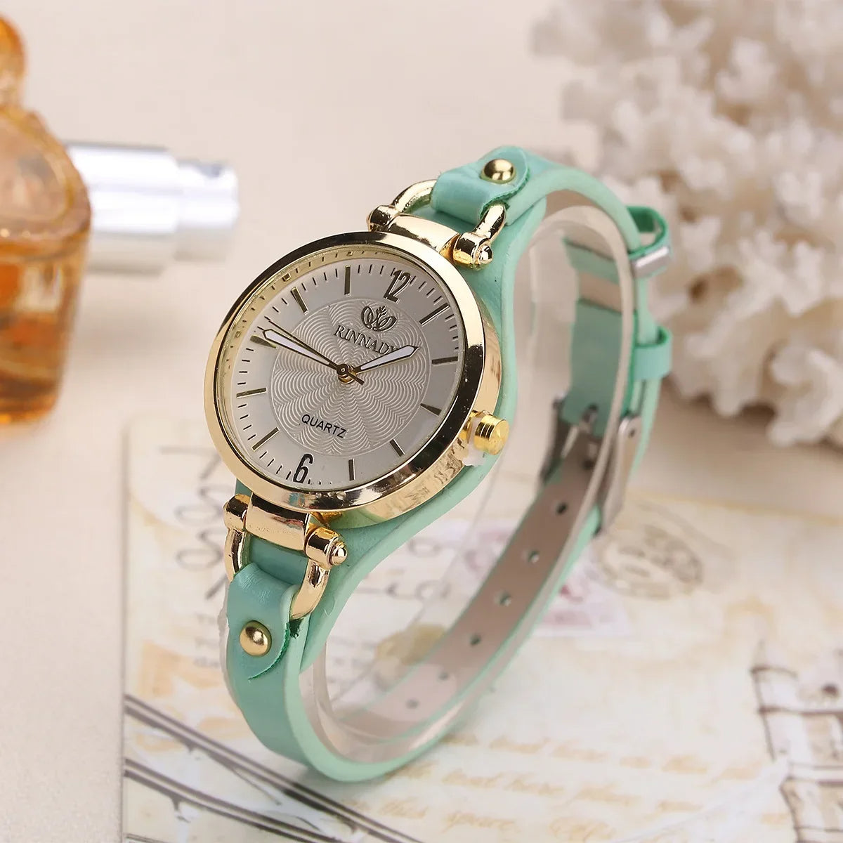Sophie Elegant vegan leather watch gold-tone stainless steel case minimalist quartz movement
