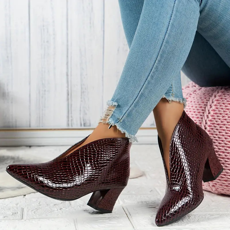Women's textured ankle boots curved cut mid block heel sleek silhouette leg-lengthening design