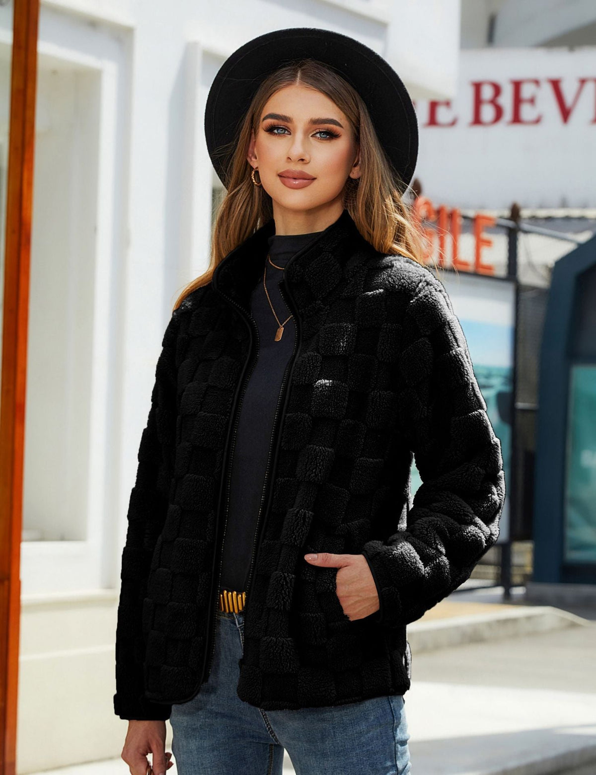 Women's cozy plaid fleece zip-front jacket with high collar for winter warmth
