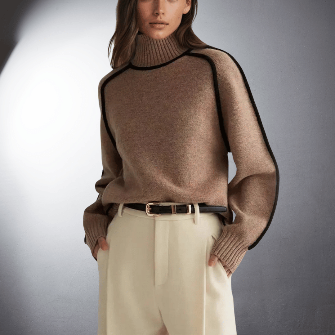 Ivory organic cotton turtleneck sweater with ribbed neckline, slim fit, and premium sustainable knit