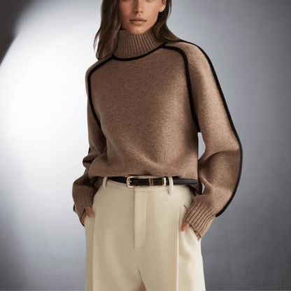 Ivory organic cotton turtleneck sweater with ribbed neckline, slim fit, and premium sustainable knit