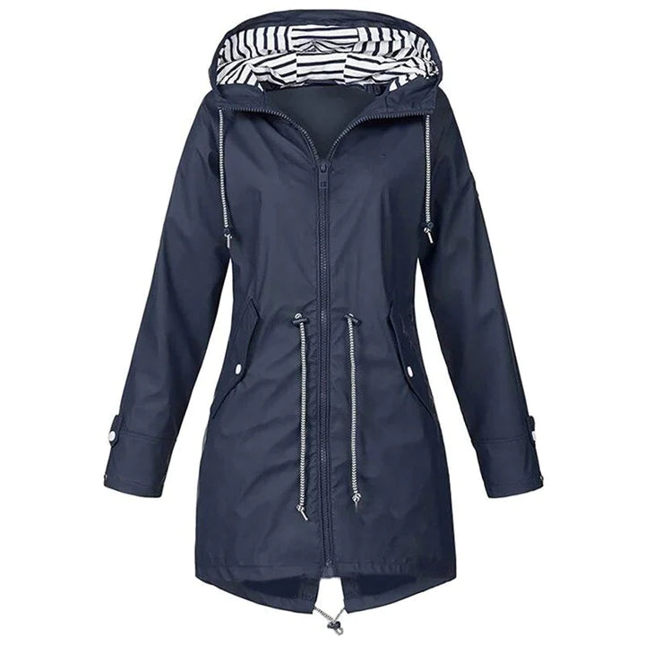 Women's casual lightweight hooded raincoat in neutral tone, slim fit with packable waterproof design