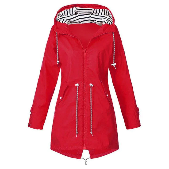 Women's casual hooded lightweight raincoat in neutral tones, slim fit with adjustable hood for daily wear