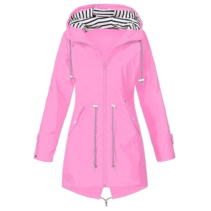 Women's casual lightweight hooded raincoat in neutral tones, relaxed fit with adjustable hood for everyday wear
