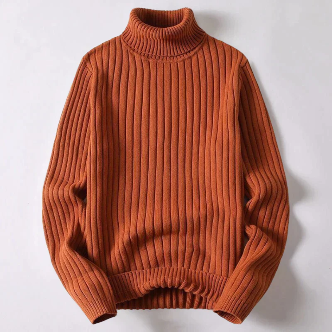 Travis modern ribbed turtleneck sweater in neutral tone, structured fit with soft knit fabric for versatile layering