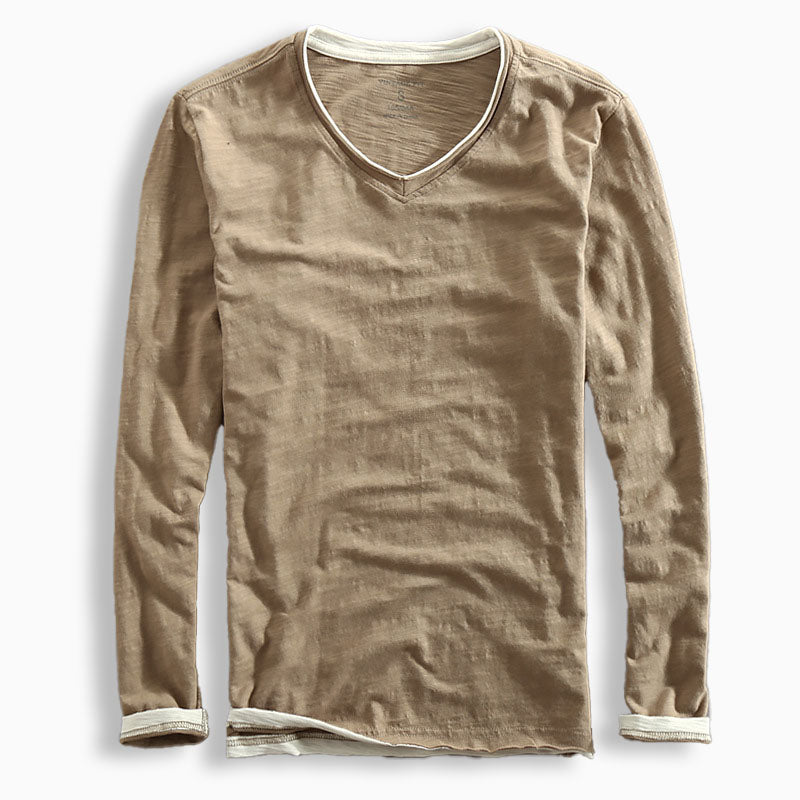 Men's navy slim fit long sleeve V-neck T-shirt with contrast trim and subtle slub texture