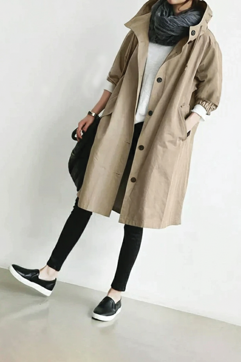 Women's hooded trench coat in classic beige with belted waist and structured silhouette
