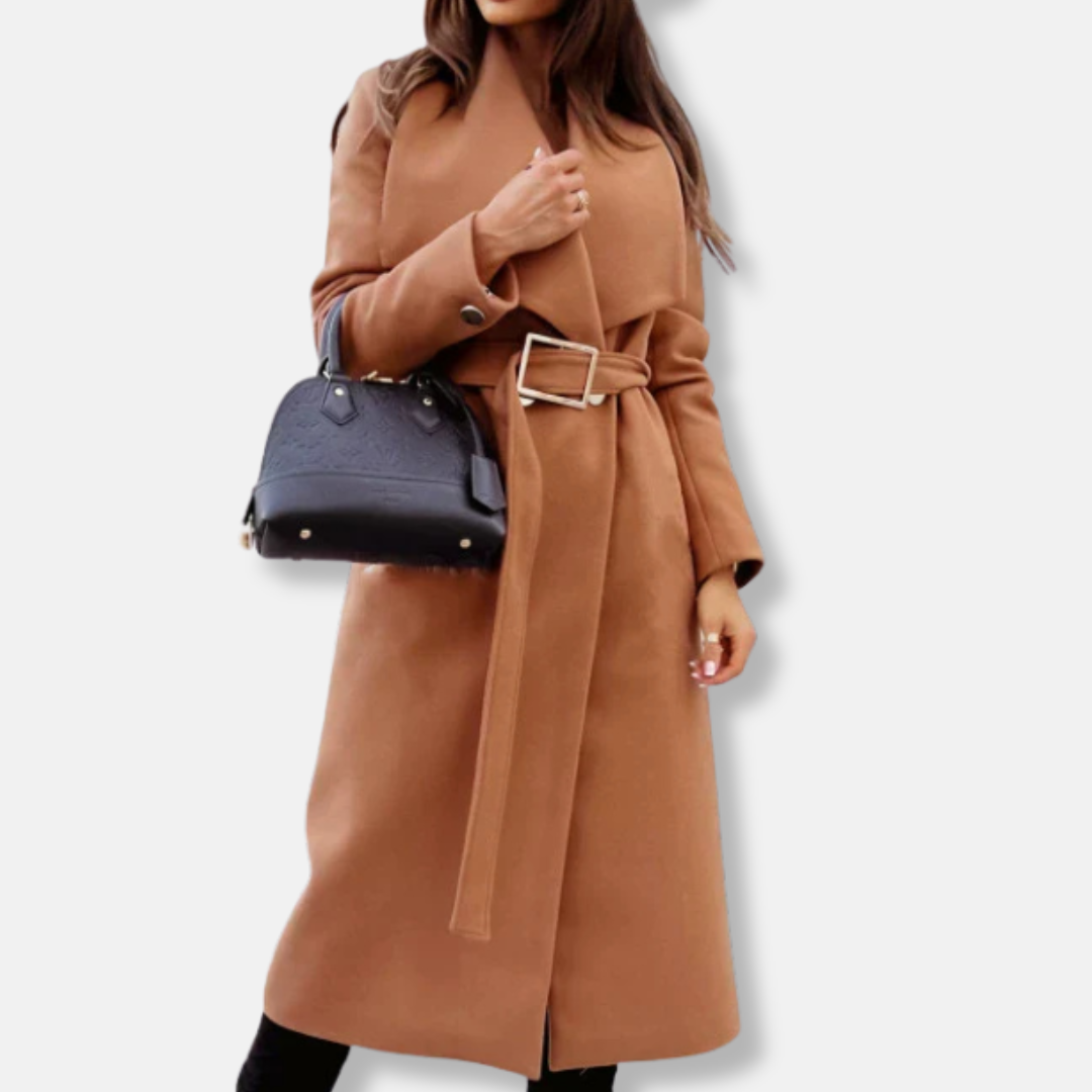 Women's longline belted coat with draped lapels, gold buckle detail, relaxed fit for modern professionals