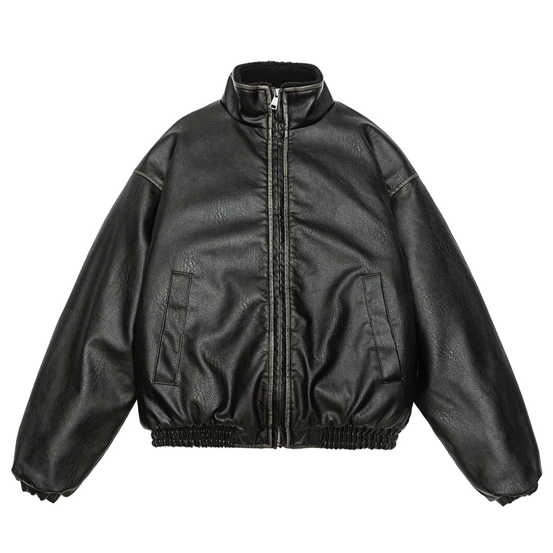 Black vegan leather faux shearling jacket relaxed fit with faded chest detail and turn-down collar