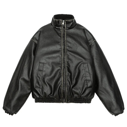 Black vegan leather faux shearling jacket relaxed fit with faded chest detail and turn-down collar