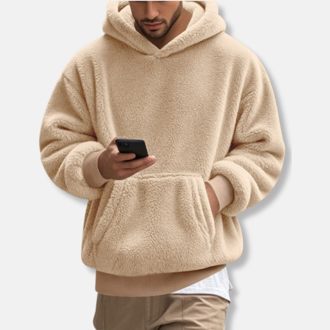 Men's gray fleece hoodie relaxed fit hooded V-neck kangaroo pocket hip length casual warmth