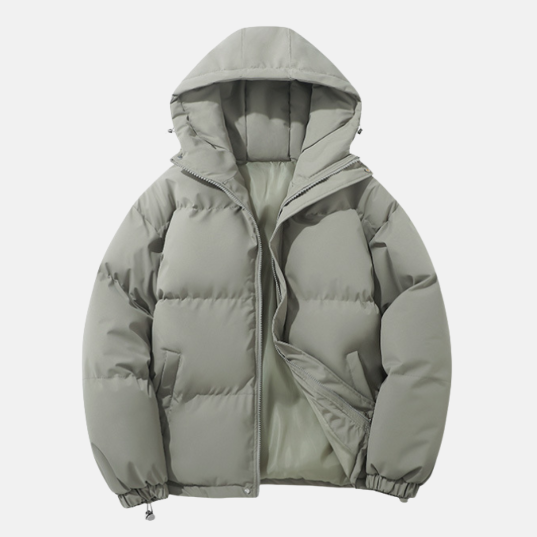 Men's black padded hooded puffer coat relaxed quilted silhouette elastic hem winter outerwear