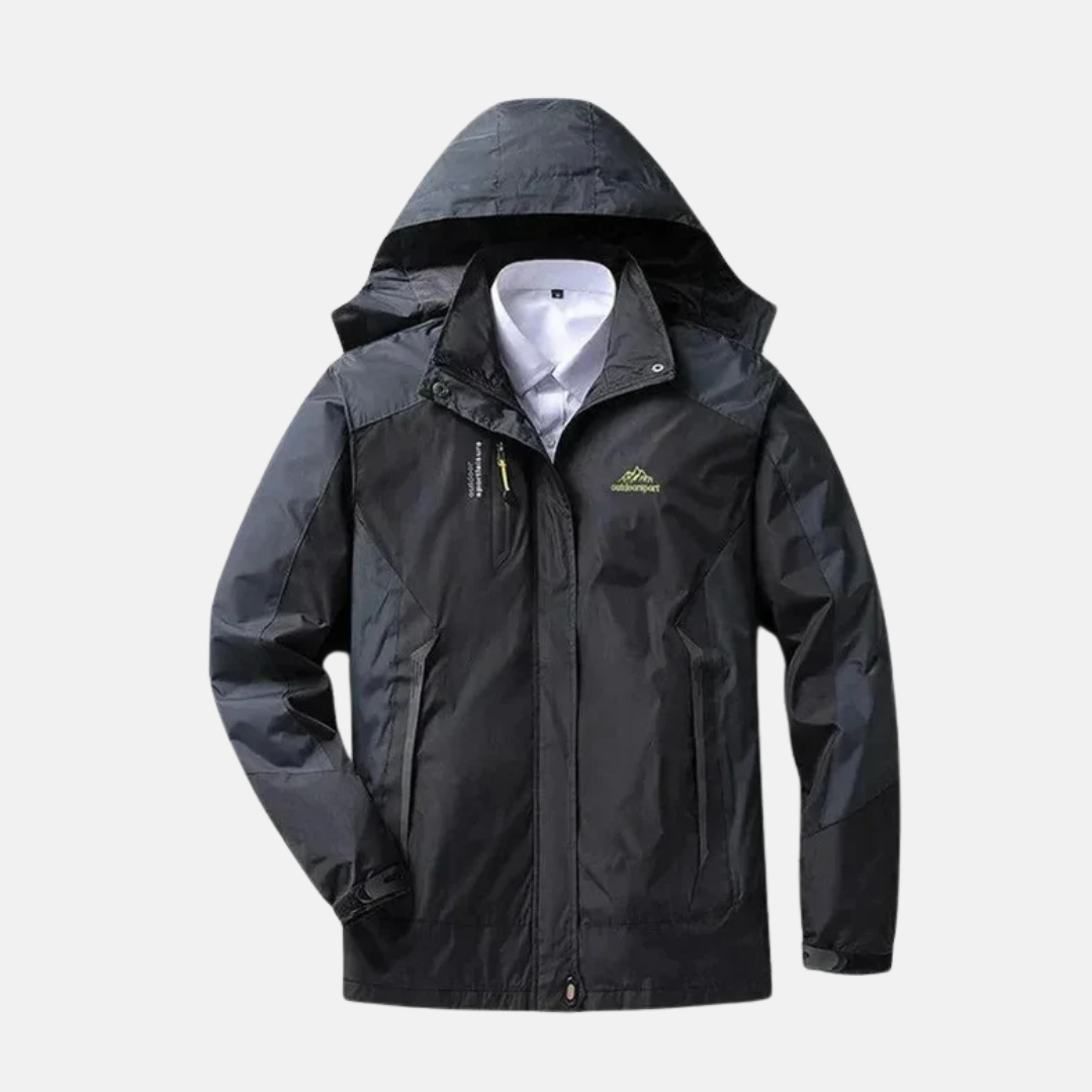 Women's black hooded jacket stand collar full zip flattering fit for active outdoors