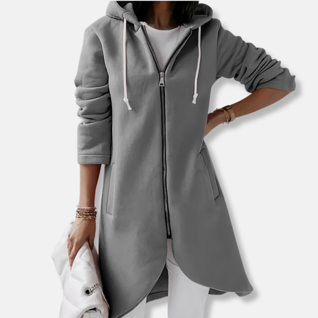 Women's long knit hooded cardigan full-zip relaxed fit with asymmetrical hem for casual elegance