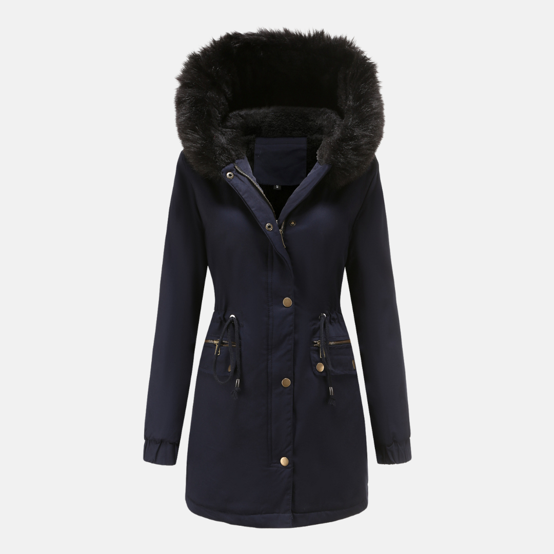 Women's longline parka jacket with faux fur hood, adjustable waist, weather-resistant black winter coat