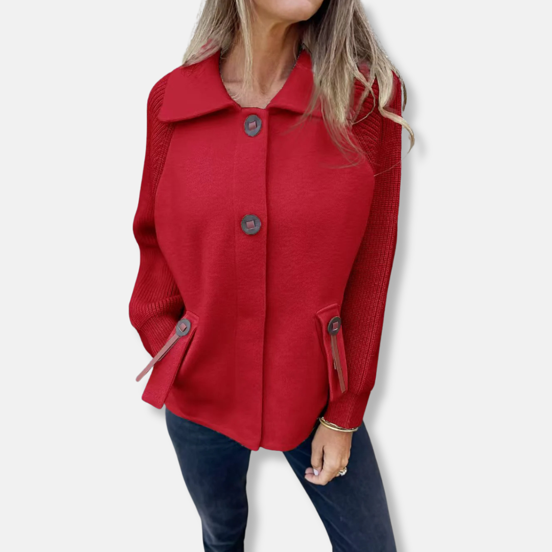 Women's relaxed fit jacket textured knit sleeves lapel collar button front everyday chic style