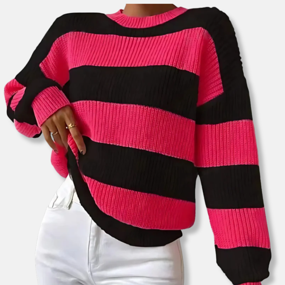 Women's striped ribbed knit sweatshirt loose fit beige ivory balloon sleeves relaxed silhouette