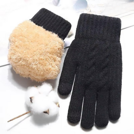 Men's winter knit touchscreen gloves, double-layer plush-lined, warm insulated cold weather handwear