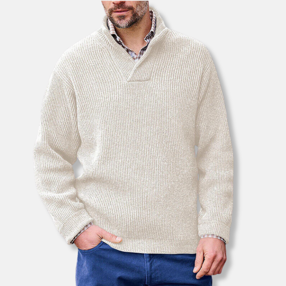 Men's gray cotton blend pullover sweatshirt loose fit stand collar V-neck long sleeve casual top