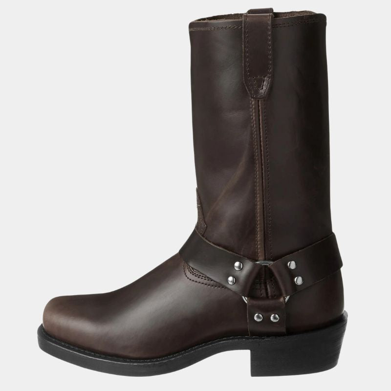 Unisex mid-calf cowboy boots black PU leather western style with harness strap pull-on design