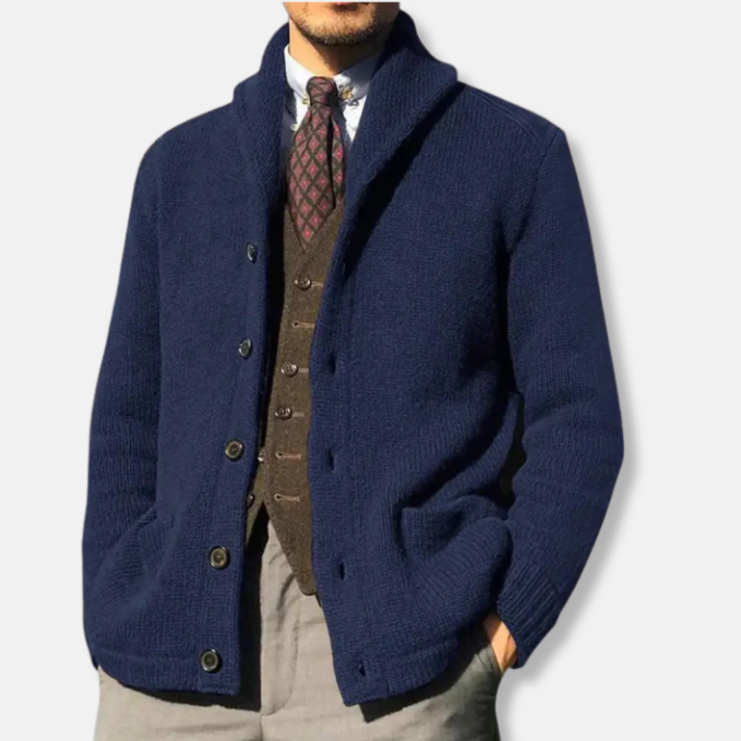 Men's wool knit cardigan regular fit shawl collar button-front with ribbed cuffs smart-casual style