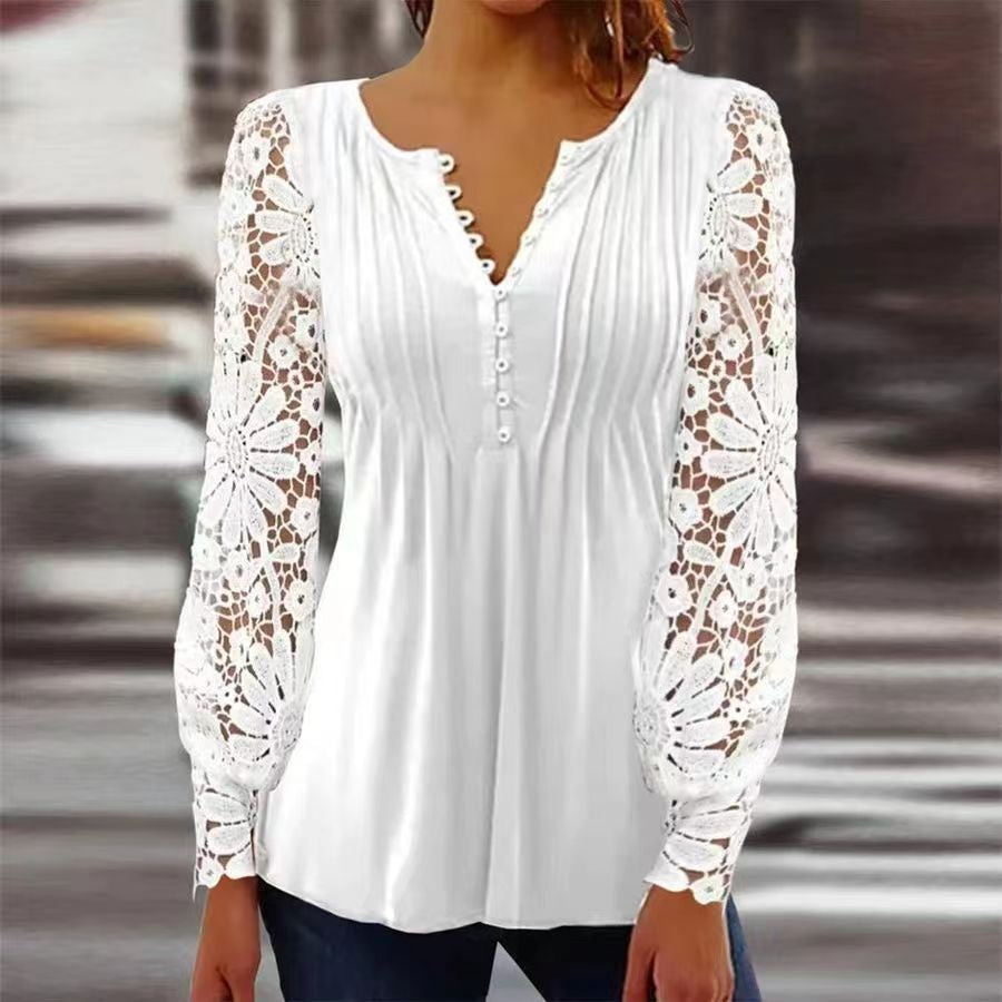 Floral women's blouse with scalloped neckline, flowing pleats, soft feminine everyday elegance style