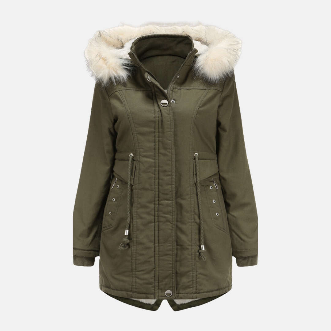 Women's mid-length weather-resistant parka jacket tailored fit with removable faux fur hood