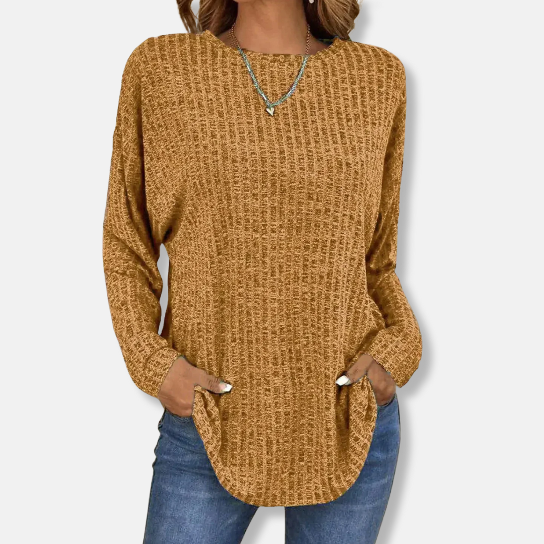 Women's relaxed fit ribbed knit pullover top long sleeve curved hem in cozy layerable style