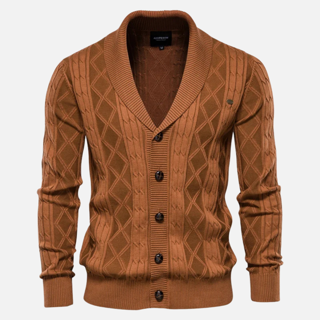 Men's argyle knit cardigan shawl collar cotton blend layering sweater in neutral tones
