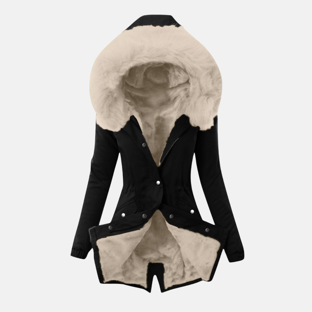 Women's slim fit mid-length jacket with plush-lined hood, adjustable waist, and flap pockets