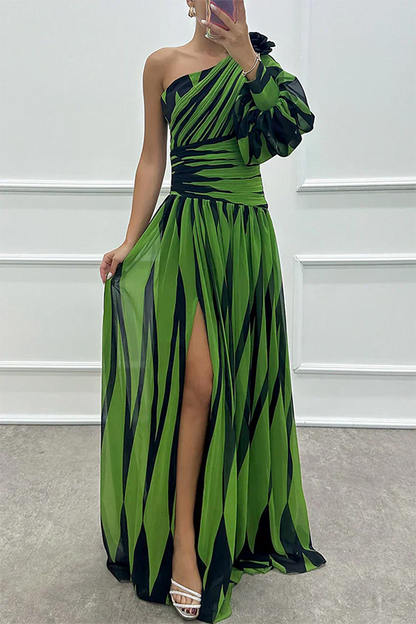 Elegant striped one-shoulder asymmetric maxi dress with flowing feminine silhouette for wedding guests