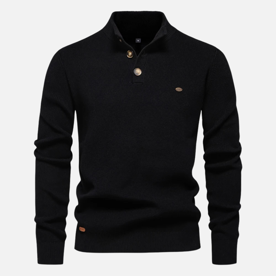 Men's slim-fit wool blend turtleneck sweater with ribbed knit texture and subtle button collar detail