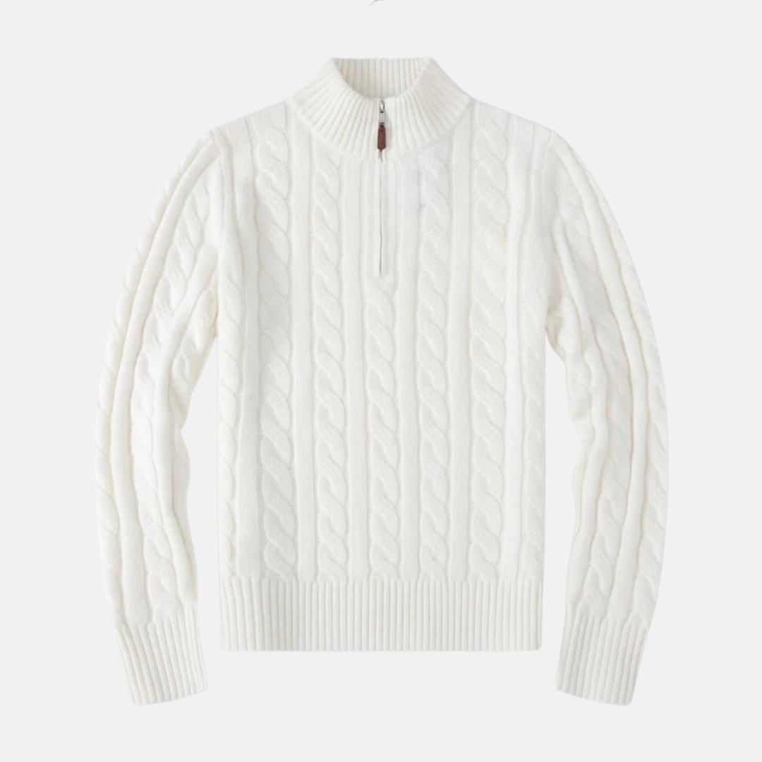 Men's cable knit cotton blend half-zip sweater with stand-up collar, regular fit, essential style