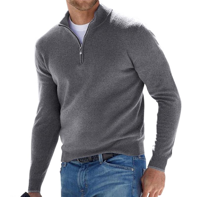 Men's half-zip knit sweater relaxed fit with ribbed edges, soft acrylic wool blend layering essential