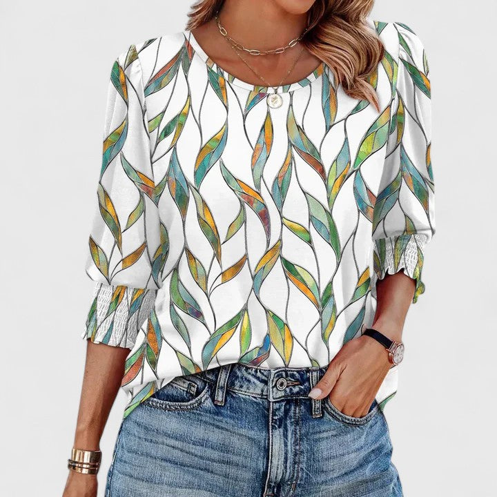 Women's relaxed crew neck top with smocked cuffs, 3/4 sleeves, effortless elegant casual style