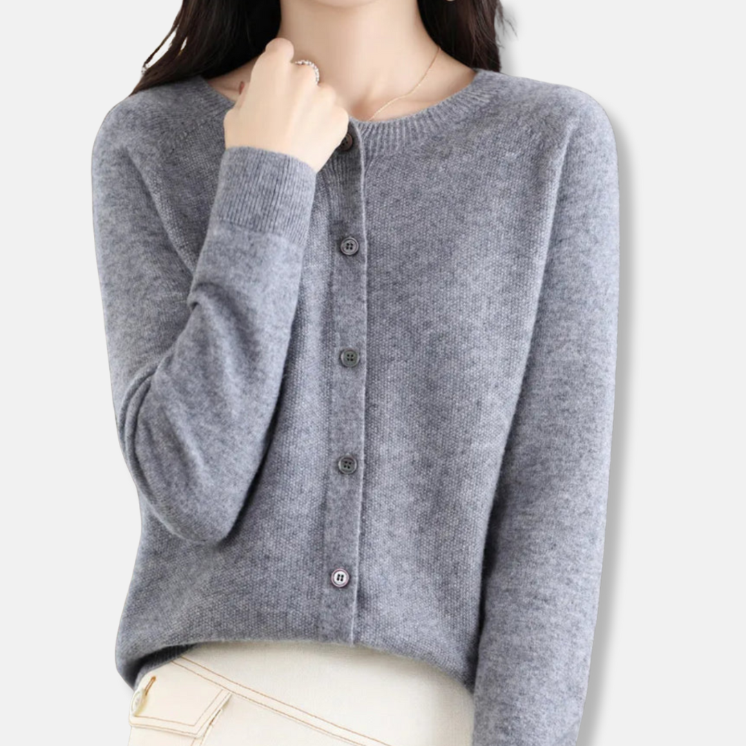 Women's merino wool cardigan sweater regular fit button front ribbed knit in neutral tone