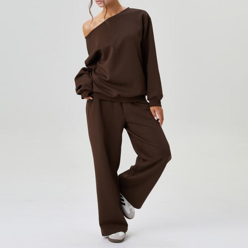 Marlowe soft knit co-ord set wide-leg trousers sloping shoulder draped silhouette