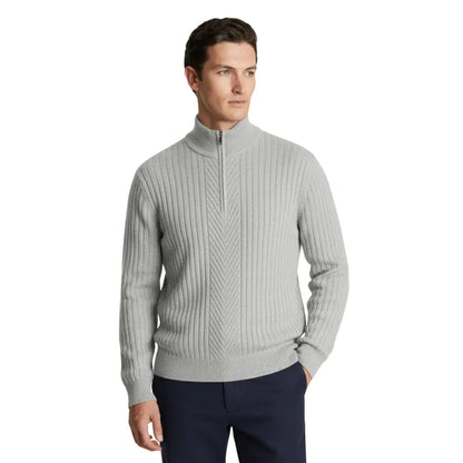 Watson charcoal full-zip wool sweater with ribbed knit texture and mock collar for men