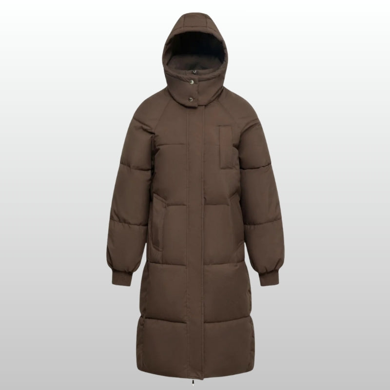 Cortina long puffer jacket with water-repellent fabric, fleece-lined pockets, and flattering silhouette