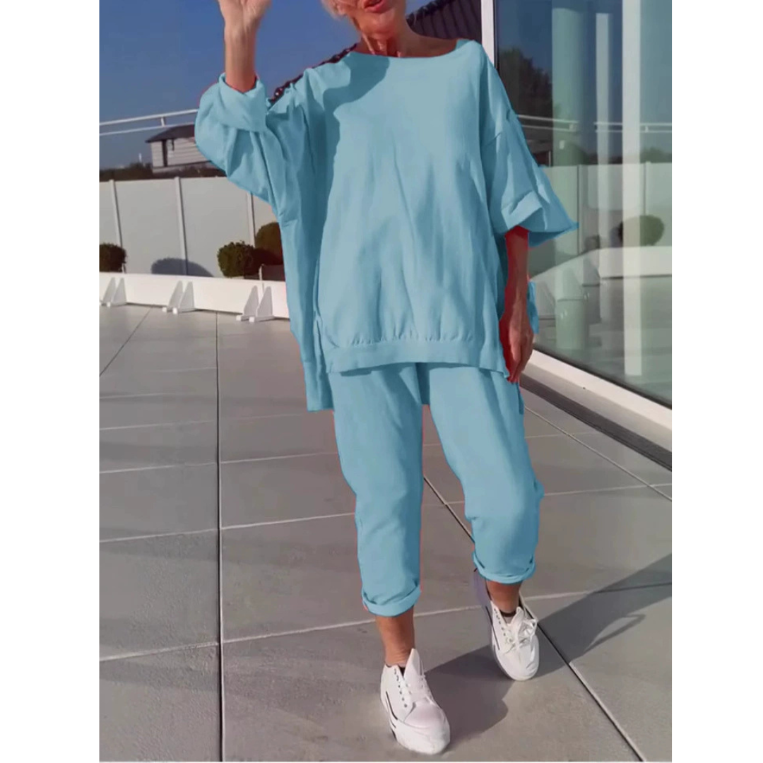 Gilda soft gray two-piece lounge set relaxed fit coordinated top and pants for effortless comfort