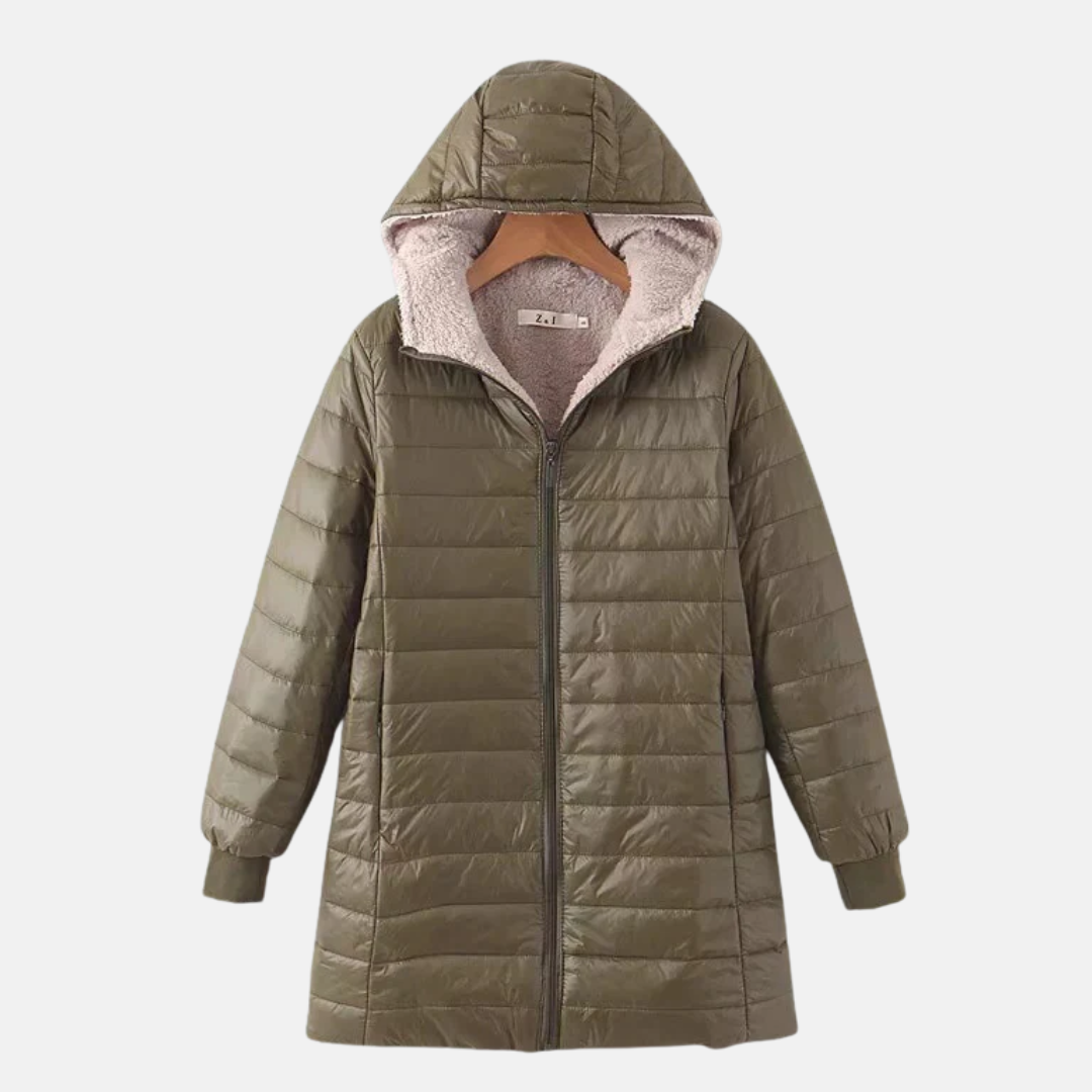 Women's mid-length quilted hooded coat with fleece-lined insulation for cozy cold-weather warmth
