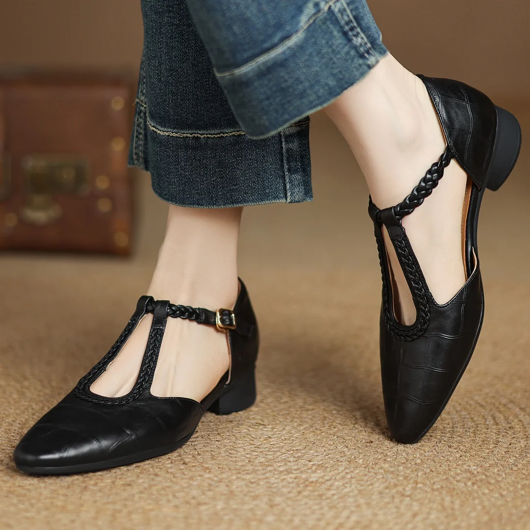 Women's leather pointed toe Mary Jane flats with slim braided T-strap in classic neutral tone