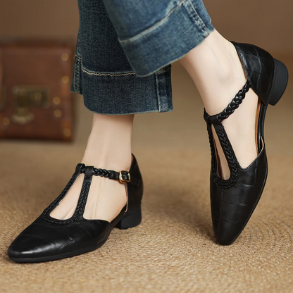Women's leather pointed toe Mary Jane flats with slim braided T-strap in classic neutral tone
