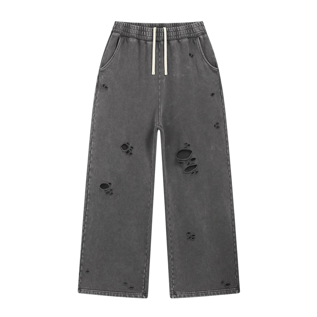 Outsiders wide-leg cotton sweatpants in neutral tone with hand-finished distressing and elastic waist
